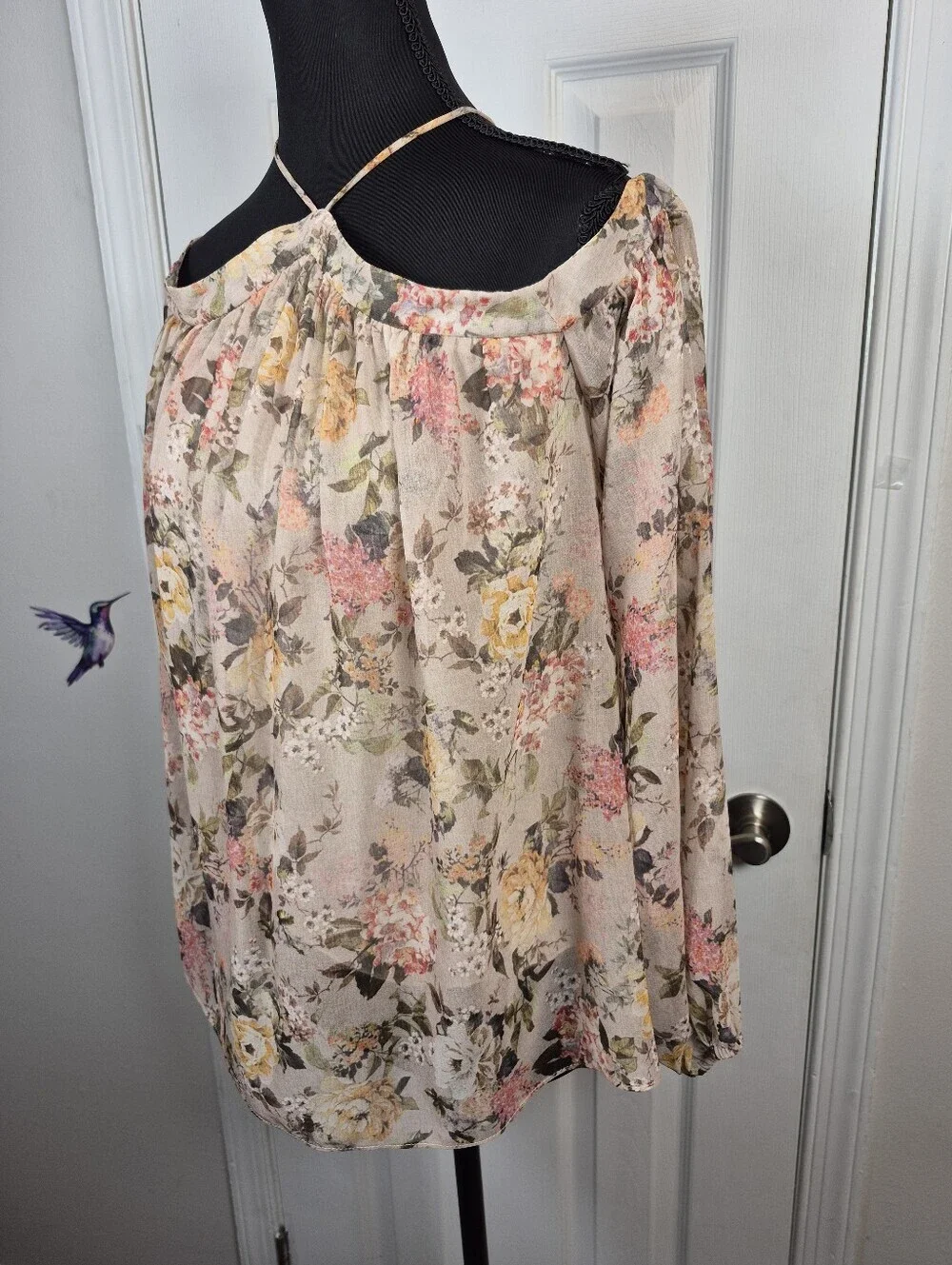 Whimsigoth Romantic Floral Sheer Balloon Sleeve Cold Shoulder Blouse S